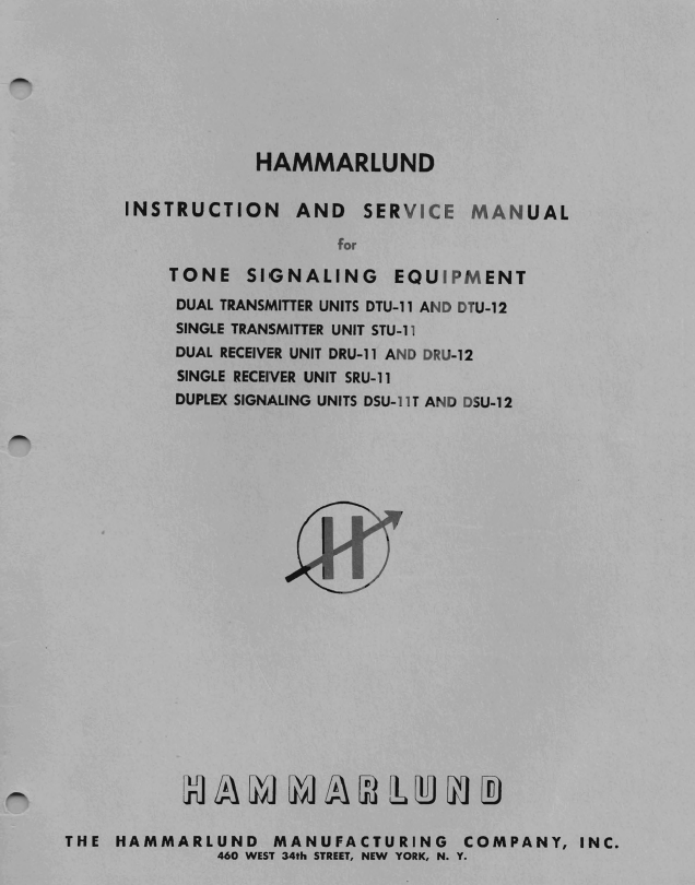 Hammarlund STU-11 Single Transmitter Tone Signalling Unit - Installation and Service Manal