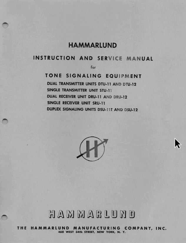 Hammarlund SRU-11 Single Receiving Tone Signalling Unit - Installation and Service Manal