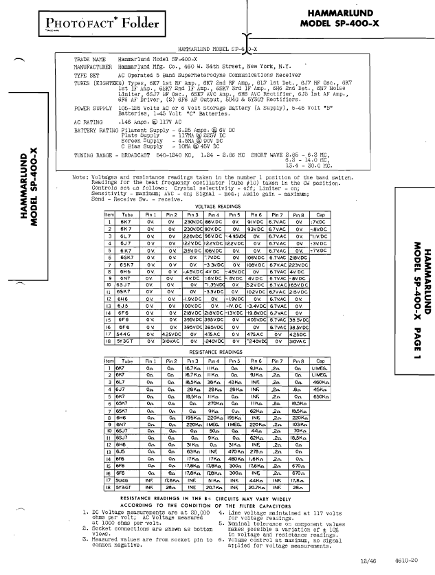 Hammarlund SP-400-X Super Pro Communications Receiver - SAM's Photofact Information Sheet