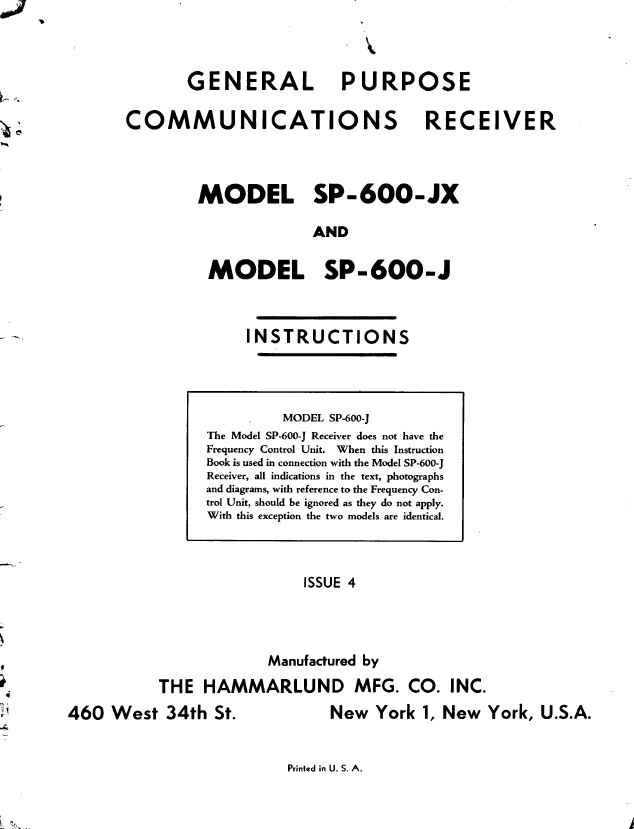 Hammarlund SP-600-JX General Purpose Communications Receiver - Instruction Manual (Issue 4)