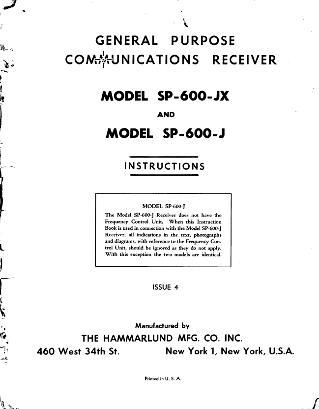 Hammarlund SP-600-J General Purpose Communications Receiver - Instruction Manual (Issue 4)