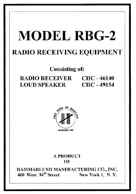 Hammarlund RBG-2 Radio Receiver - Service Manual