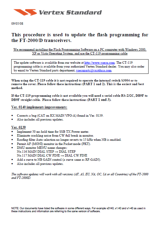 Yaesu FT-2000 HF 50MHz Transceiver - Firmware Update Procedure (09-05-2008)