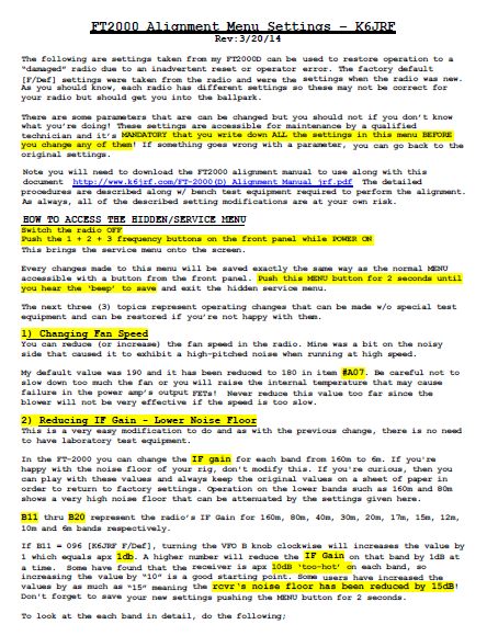 Yaesu FT-2000 HF 50MHz Transceiver - Alignment Menu Settings by K6JRF (20-03-2014)