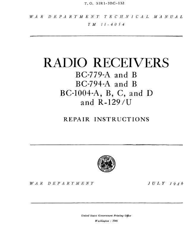 Hammarlund R-129-U - War Department Technical Manual (TM11-4054 1946-07) 1v