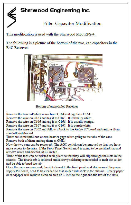 Drake R-4C (Sherwood Factory Fitted) - Filter Capacitor Modificatio RPS-4 Ver C