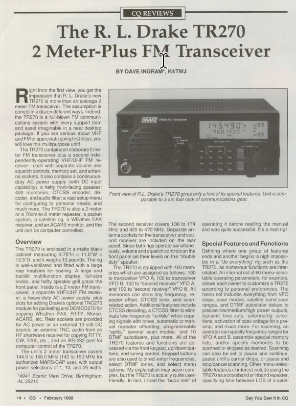Drake TR-270 Transceiver - Review by CQ Magazine (1998-02)