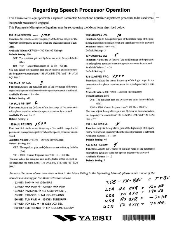 Yaesu FT-2000 HF 50MHz Transceiver - EQ Settings