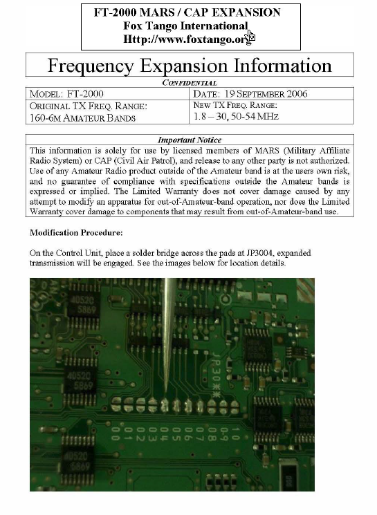 Yaesu FT-2000 HF 50MHz Transceiver - Frequency Expansion Information (MARS Mod)