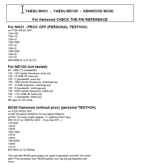 Yaesu FT-2000 HF 50MHz Transceiver - Microphone Settings for Yaesu MH31, MD100 and Kenwood MC60 Microphones