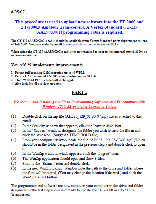 Yaesu FT-2000 HF 50MHz Transceiver - Firmware Update Procedure (06-05-2007)