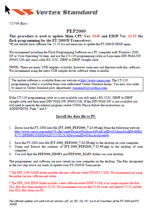 Yaesu FT-2000 HF 50MHz Transceiver - Firmware Update Procedure