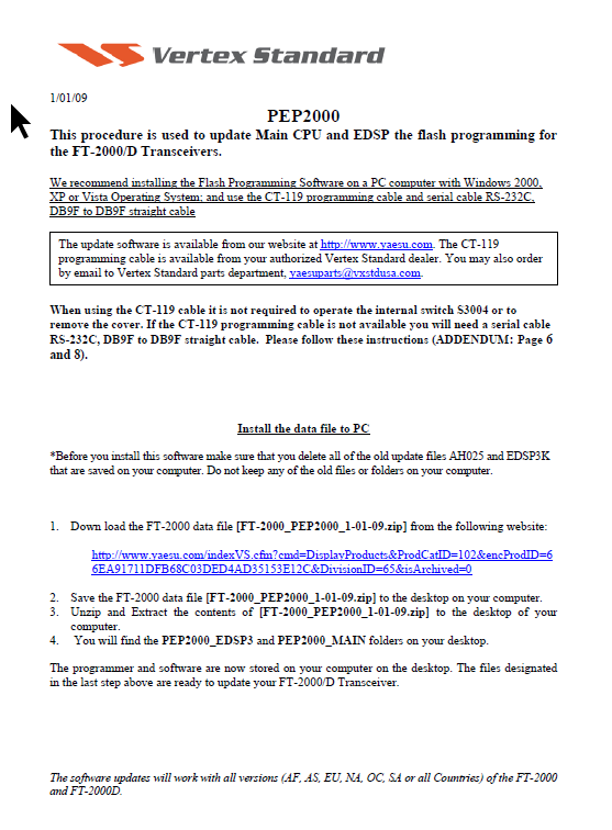 Yaesu FT-2000 HF 50MHz Transceiver - Firmware Update Procedure PEP-2000 (27-07-2009)