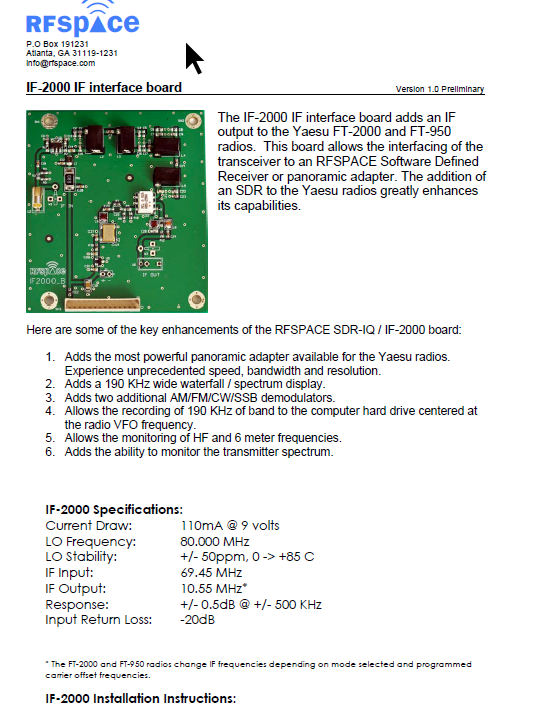 Yaesu FT-2000 HF 50MHz Transceiver - RFSpace IF-2000 Instruction Manual