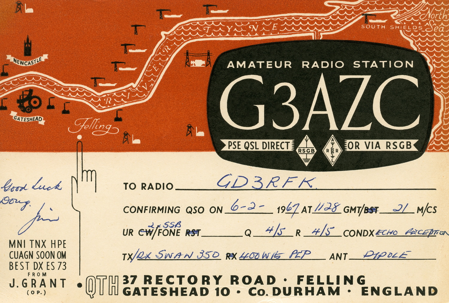 G3AZC (Jim), QSO on 6th February 1967 on 21 MHz SSB.