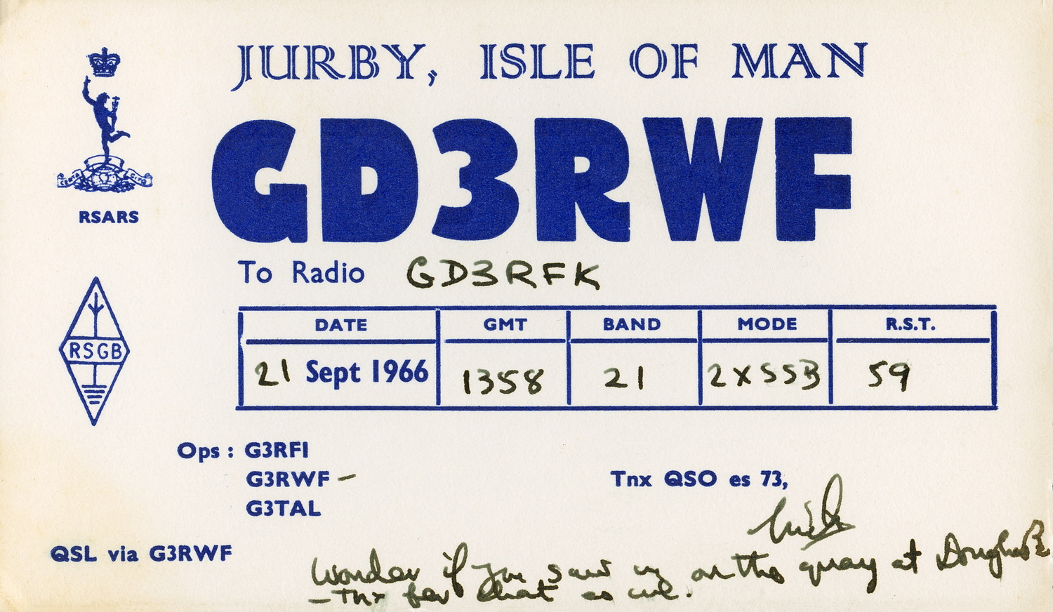 GD3RWF with a very local QSO on 21st September 1966 on 21 Meters SSB