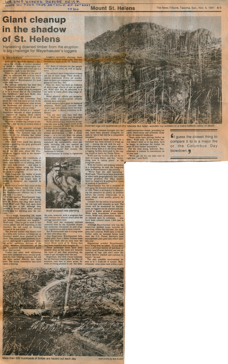 Newspaper Article about the Mt. St. Helens Volcano from the Tacoma News Tribune, dated Sunday 8th November 1981