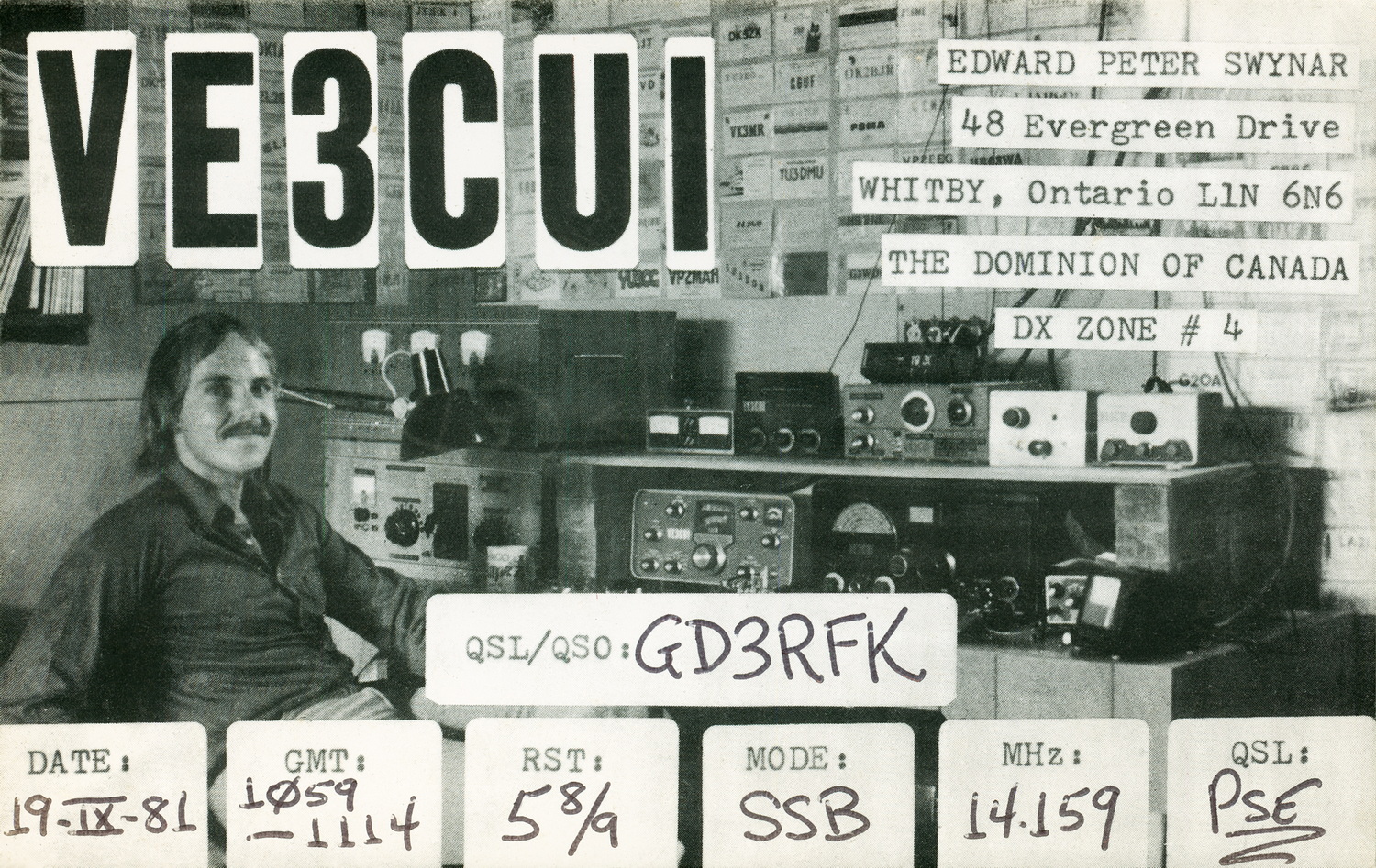 VE3CUI (Edward), QSO on 19th September 1981 on 14.159 MHz making a 15 minute chat on SSB