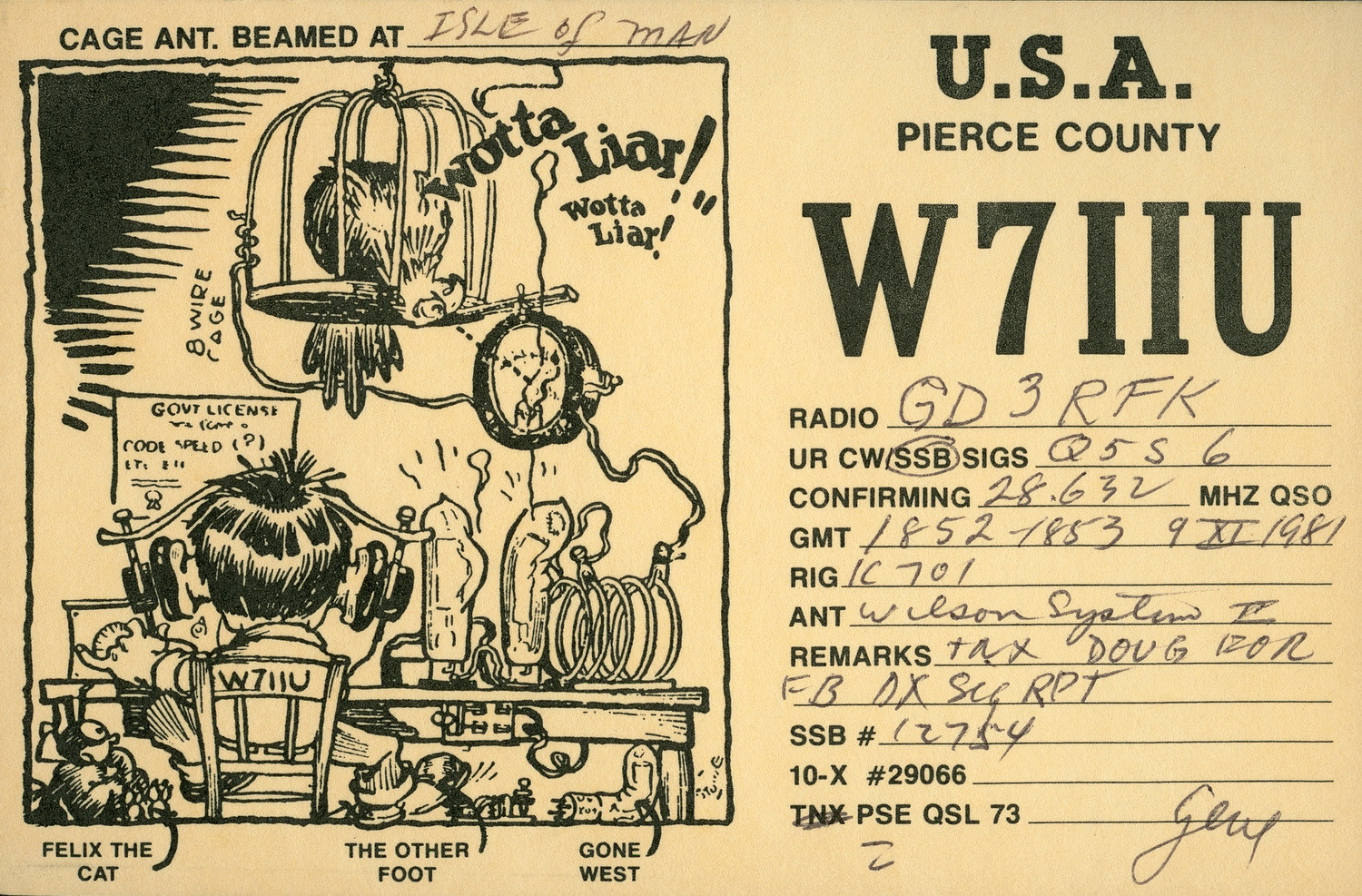 W7IIU (Gene), QSO on 9th September 1981, 28.632 MHz SSB.