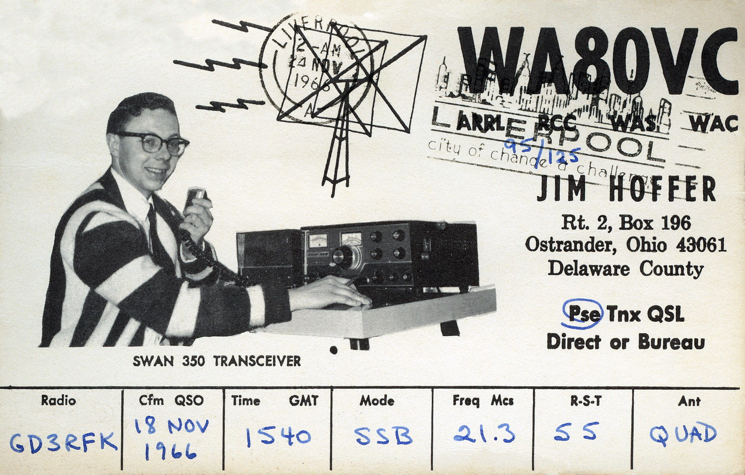 WA80VC (Jim) WSO 18th November 1966 21.3MHz SSB. Operating a Beautiful Swan 350 on what seemed very common back in the 1960's, QUAD Antenna.