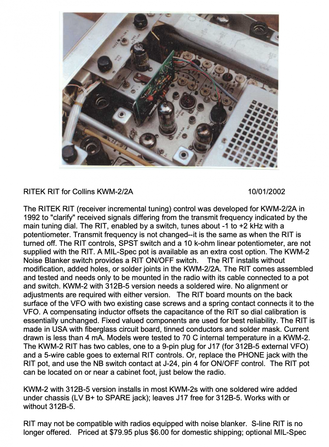 Collins KWM-2 Transceiver - Information on the RITEK RIT (2002-01)