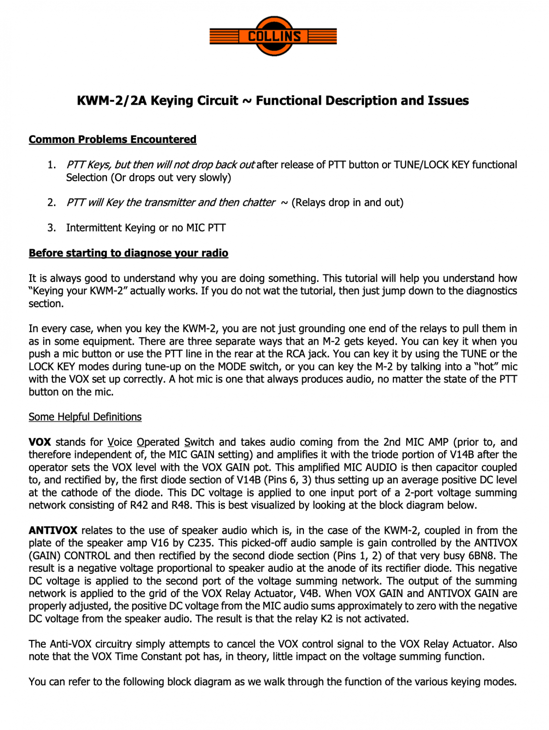 Collins KWM-2 Transceiver - Keying Circuit, Functional Description and Issues - Bill Carns (N7OTQ)