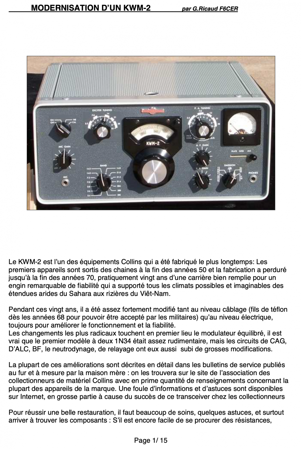 Collins KWM-2 Transceiver - Modernation of a KWM-2 - G. Ricaud F6CER (French)