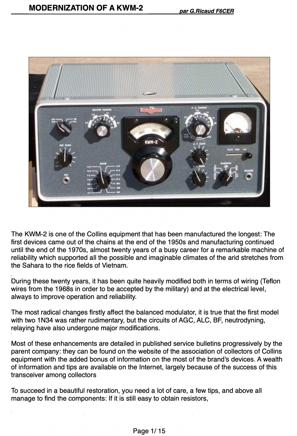 Collins KWM-2 Transceiver - Modification of a KWM-2 - G. Ricaud F6CER (English Conversion by MD0MDI)
