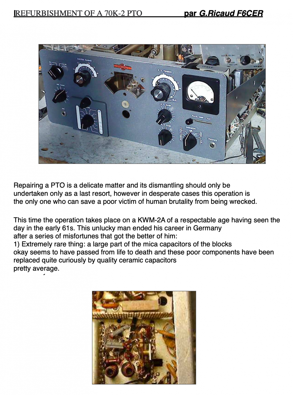 Collins KWM-2 Transceiver - Overhaul of a PTO 70K-2 - G. Ricaud F6CER (English Conversion by MD0MDI)
