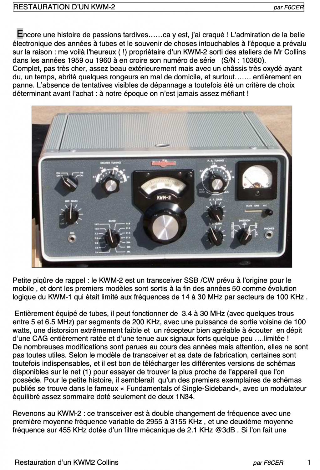 Collins KWM-2 Transceiver - Restoration Notes by G. Ricaud F6CER (French)