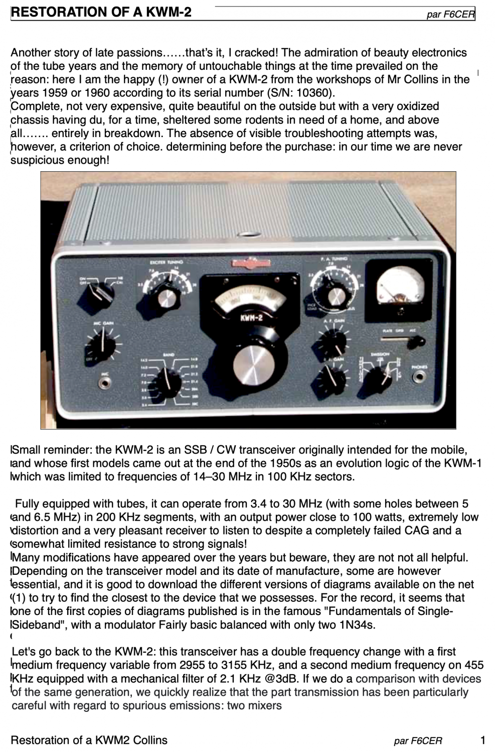 Collins KWM-2 Transceiver - Restoration Notes by G. Ricaud F6CER (English Conversion by MD0MDI)