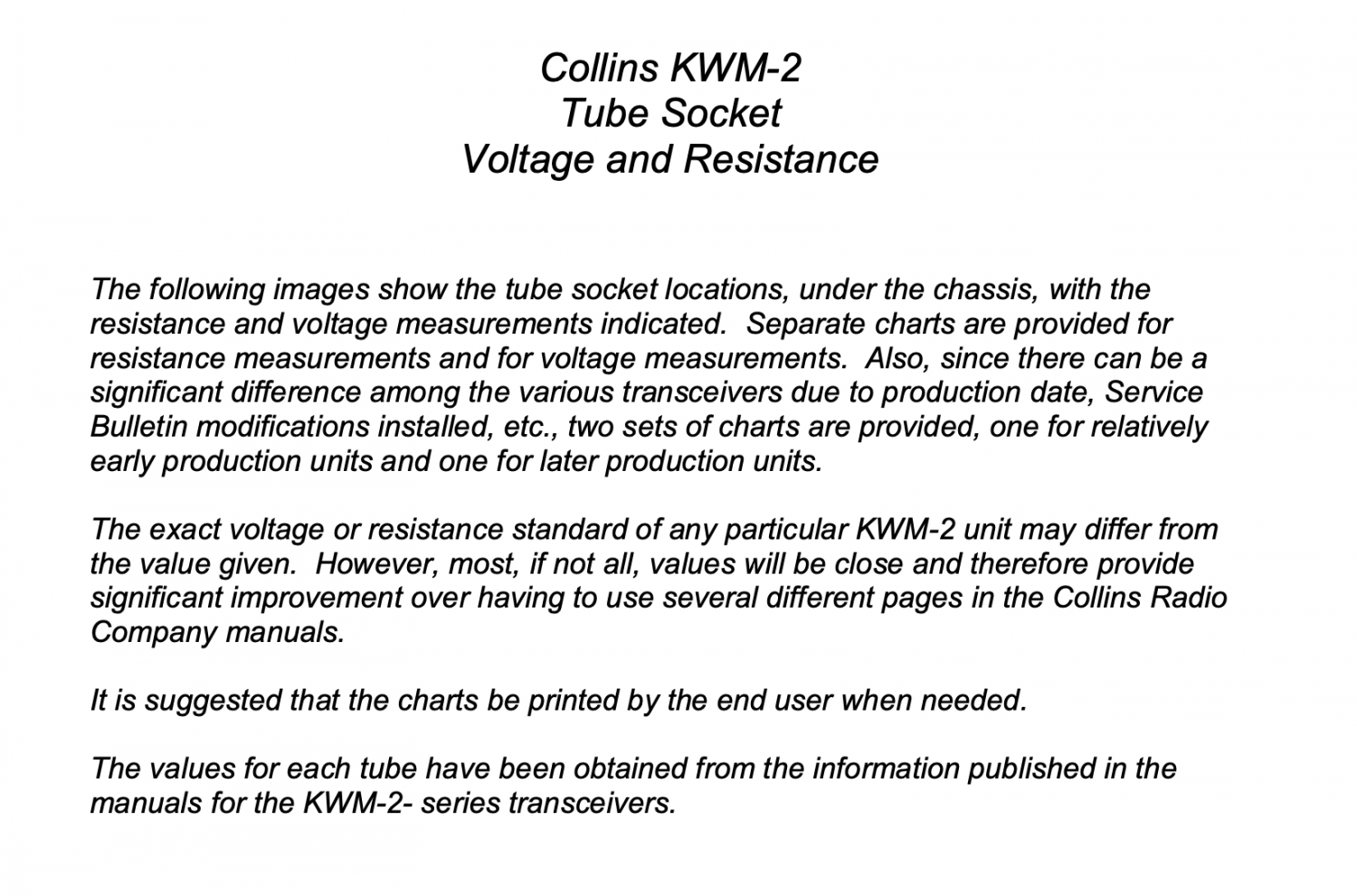 Collins KWM-2 Transceiver - Tube Socket Voltage & Resistance (K9STH)
