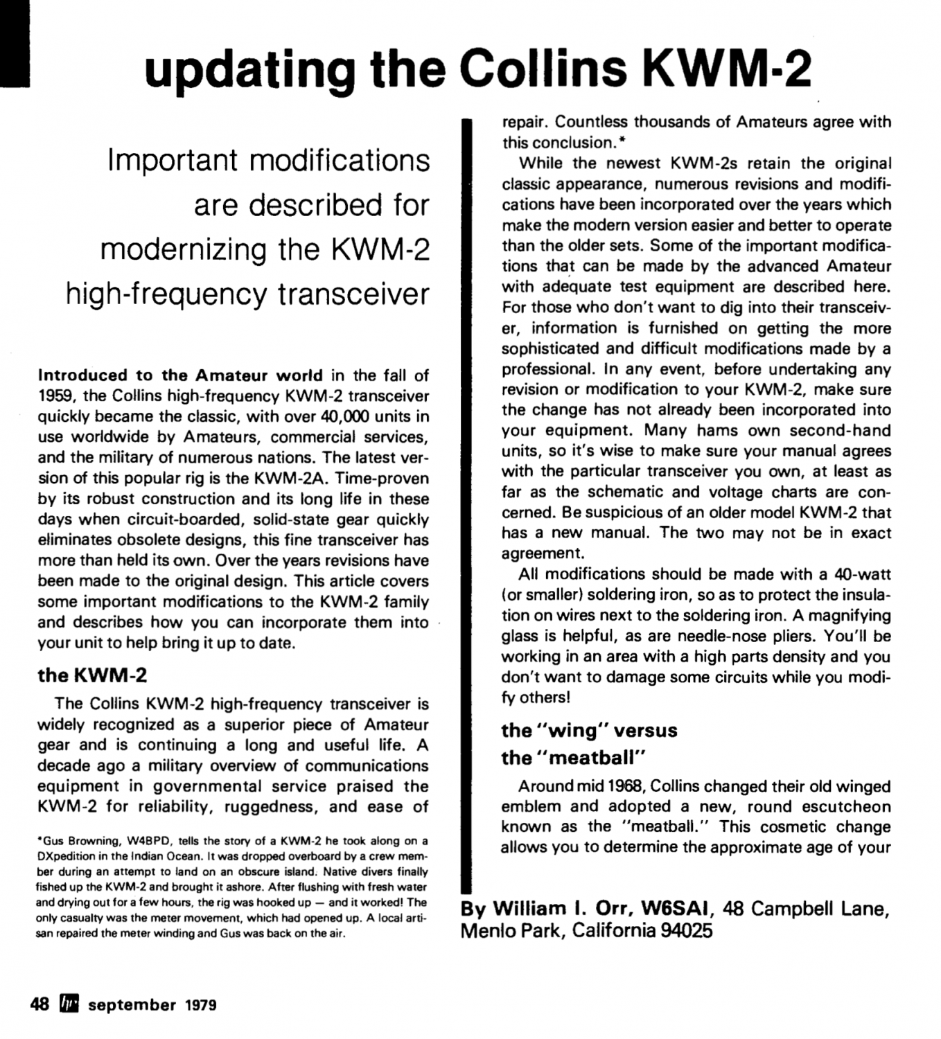 Collins KWM-2 Transceiver - Updating the Collins KWM-2 Article - Ham Radio Magazine (1979-09)