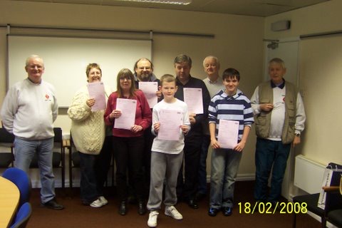 Foundation Exam from 2008, I Keep seeing this person and I am Sure that he was the tutor for the courses and used to have a callsign ending in OHM, 2 Unknowns, James Sawle (MD0MDI), Unknown James Kelly (MD3WKJ), John Butler (GD0NFN), another Unknown, and Finally Alan Crowther (GD0MWL).