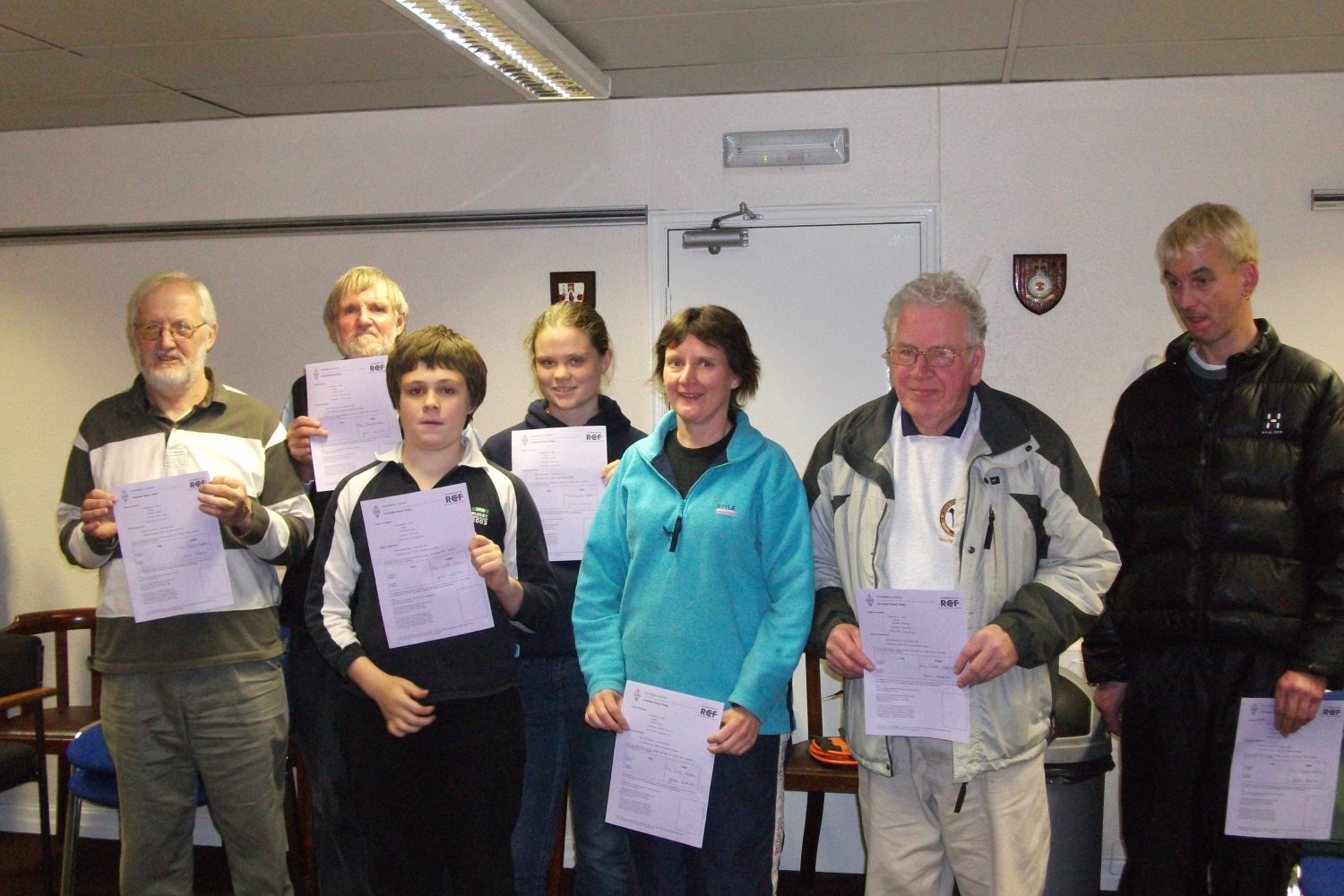 Foundation Exam - Two Unknown, Henry Dorman (MD0HHH) with his Sister Isabel Dorman (MD3IZI), Unknown, Dave Williamson (MD6TSW) and Michael Kelly (?).