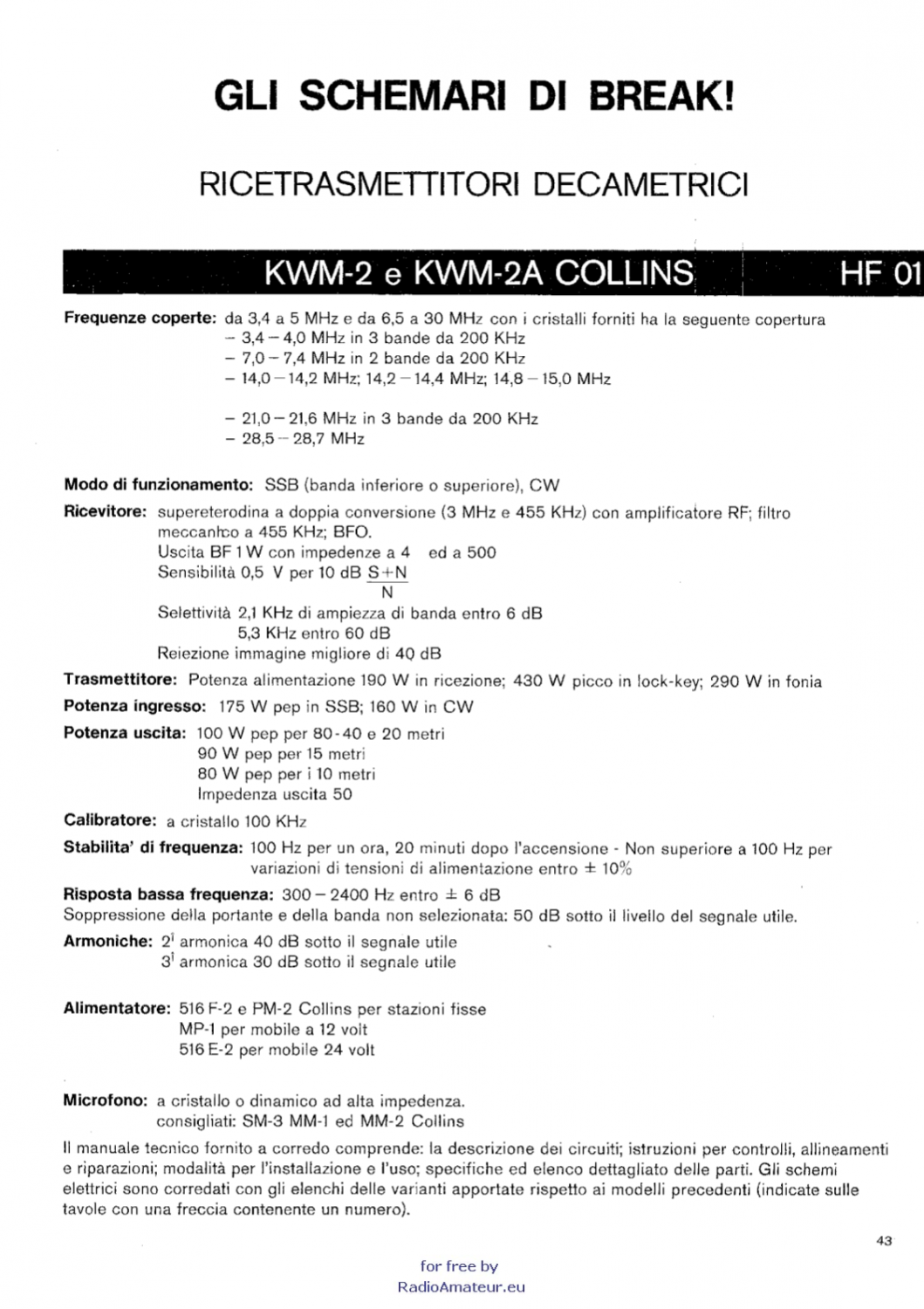 Collins KWM-2A Transceiver - Schematic Diagram 1 (Italian)