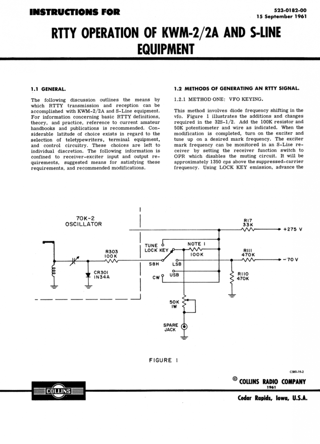Collins KWM-2A Transceiver - Instructions for RTTY Operation - (1961-09)
