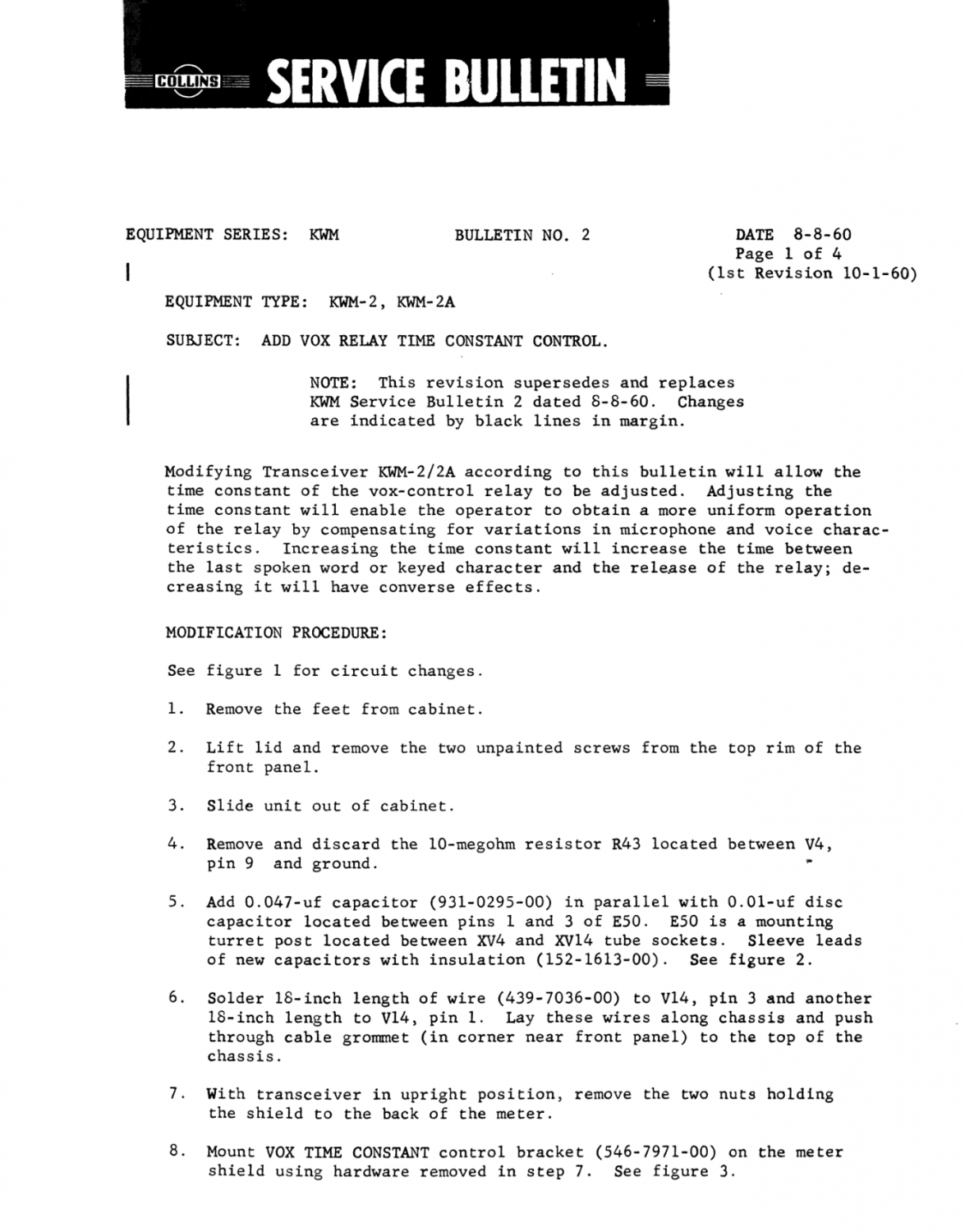 Collins KWM-2A Transceiver - Service Bulletin Number 2 - (1960-08)