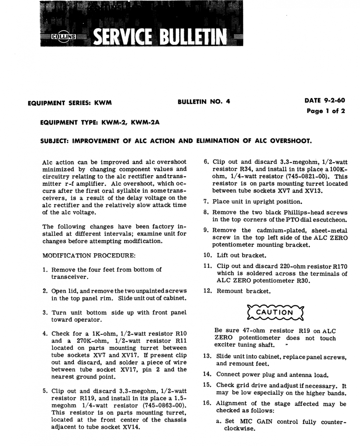 Collins KWM-2A Transceiver - Service Bulletin Number 4 - (1960-09)
