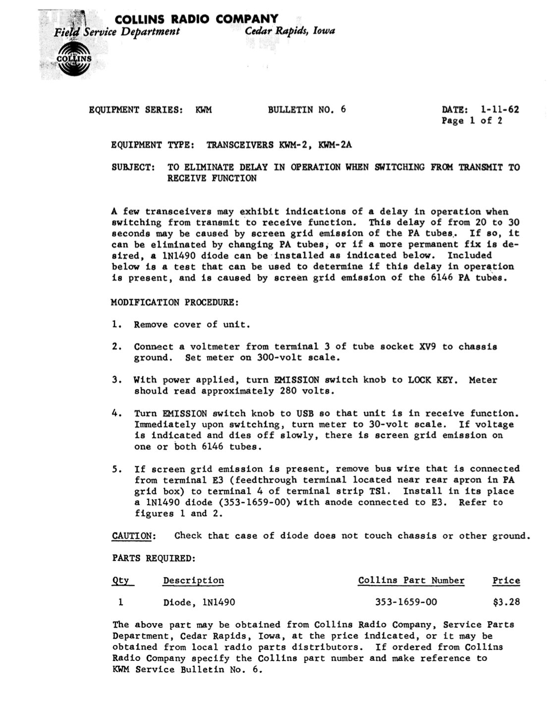 Collins KWM-2A Transceiver - Service Bulletin Number 6 - (1962-01}