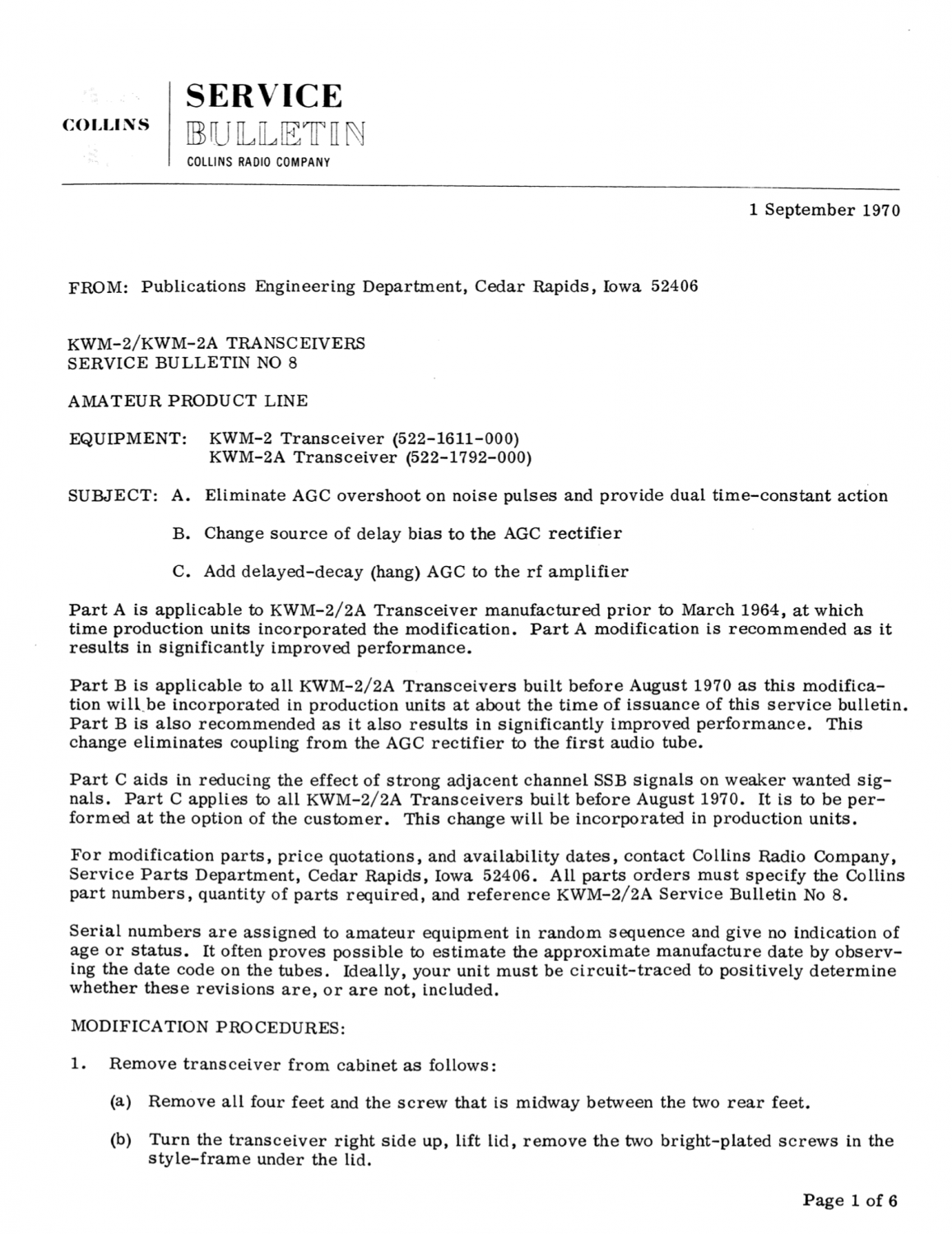 Collins KWM-2A Transceiver - Service Bulletin Number 8 - (1970-09)