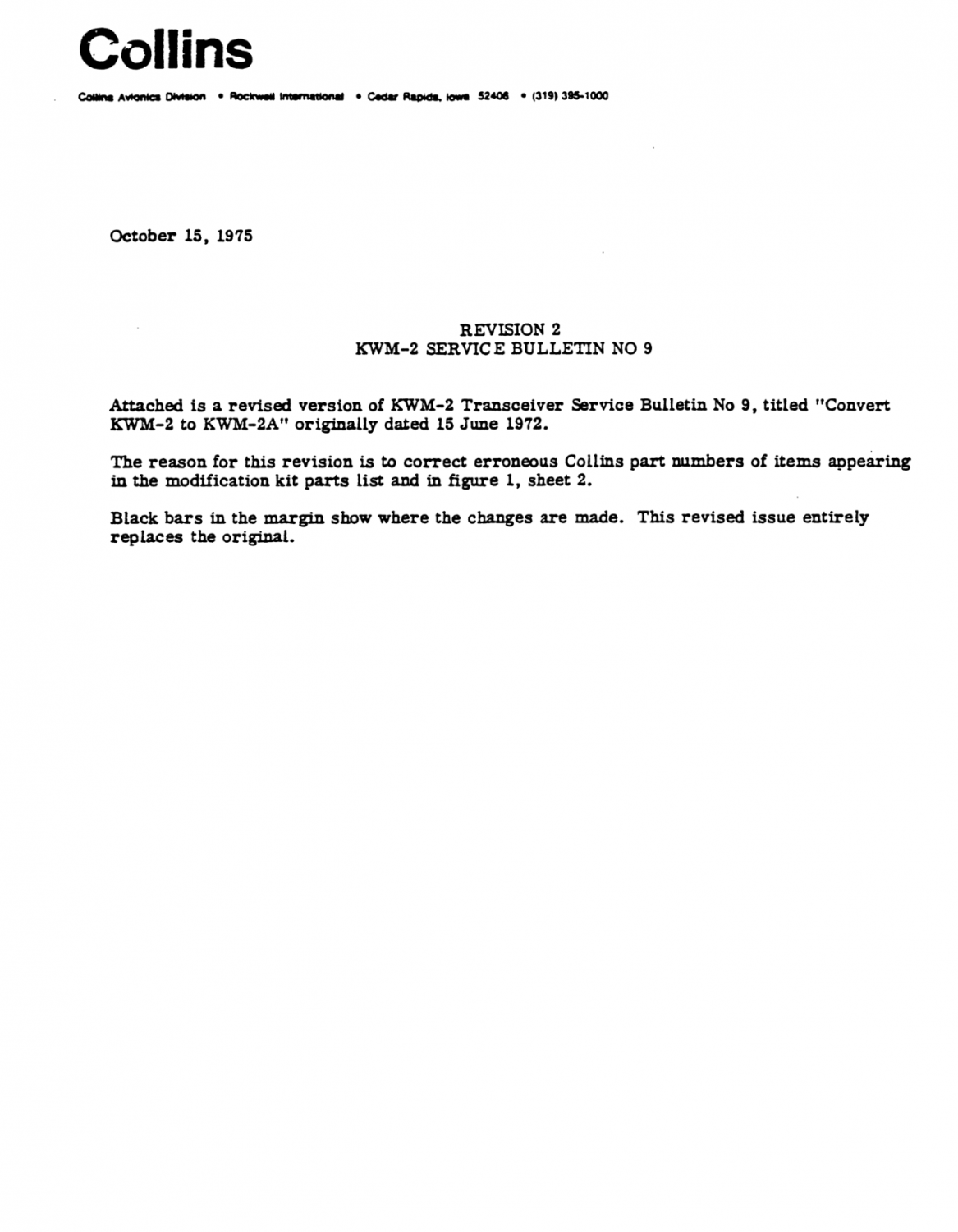 Collins KWM-2A Transceiver - Service Bulletin Number 9 - (1975-10)