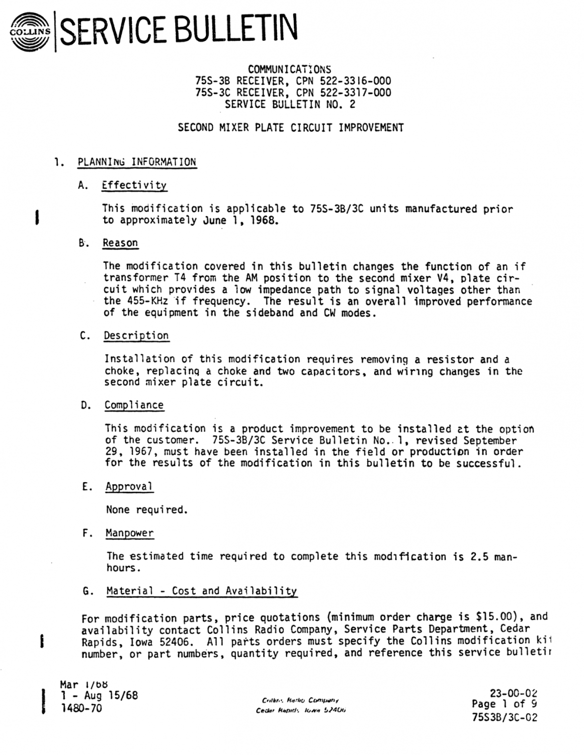 Collins 75S-3B S-Line Receiver - Service Bulletin Number 2 - (1968-08)