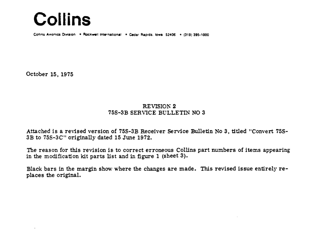 Collins 75S-3B S-Line Receiver - Service Bulletin Number 3 - (1975-10)