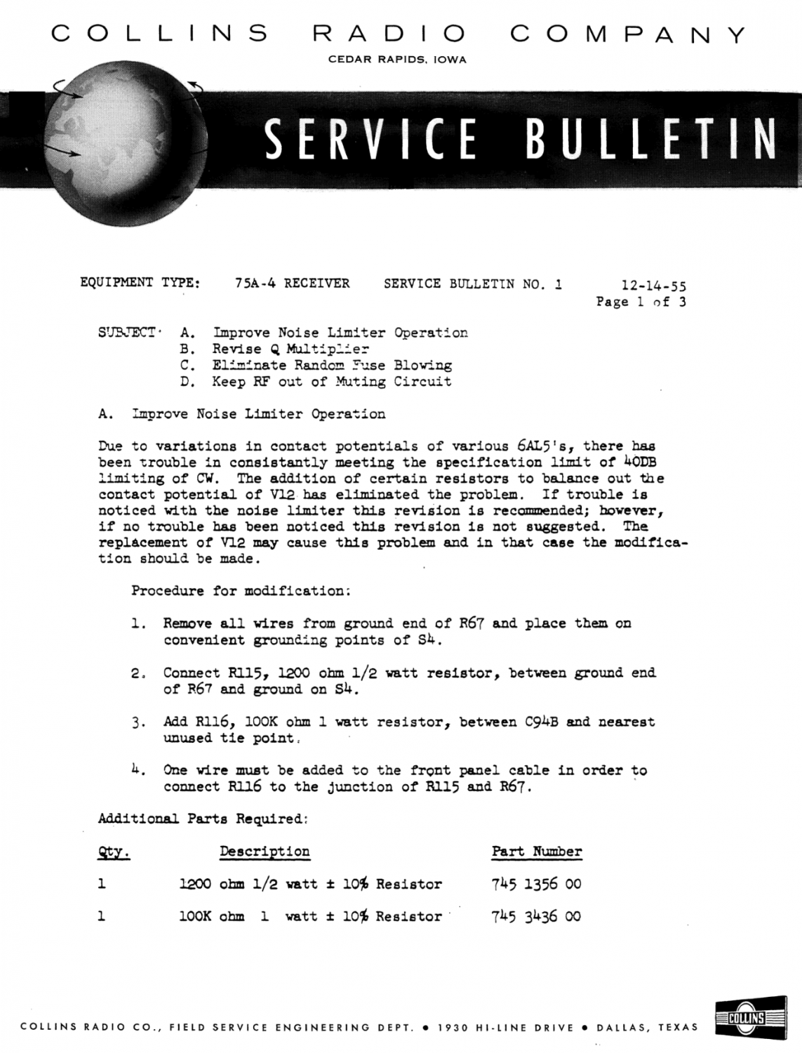 Collins 75A-4 Amateur Band Receiver - Service Bulletin Number 1 - (1955-12)
