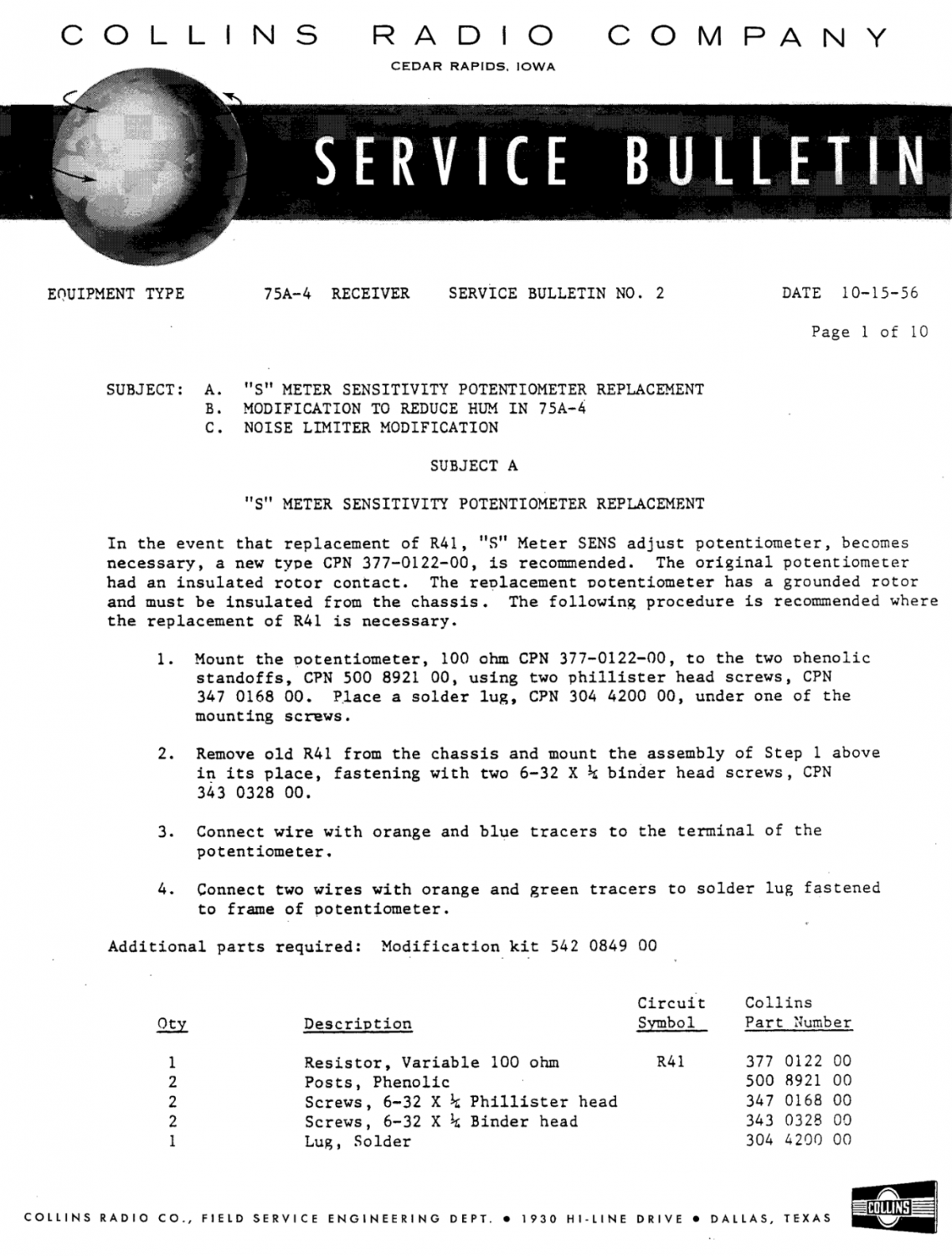 Collins 75A-4 Amateur Band Receiver - Service Bulletin Number 2 - (1956-10)