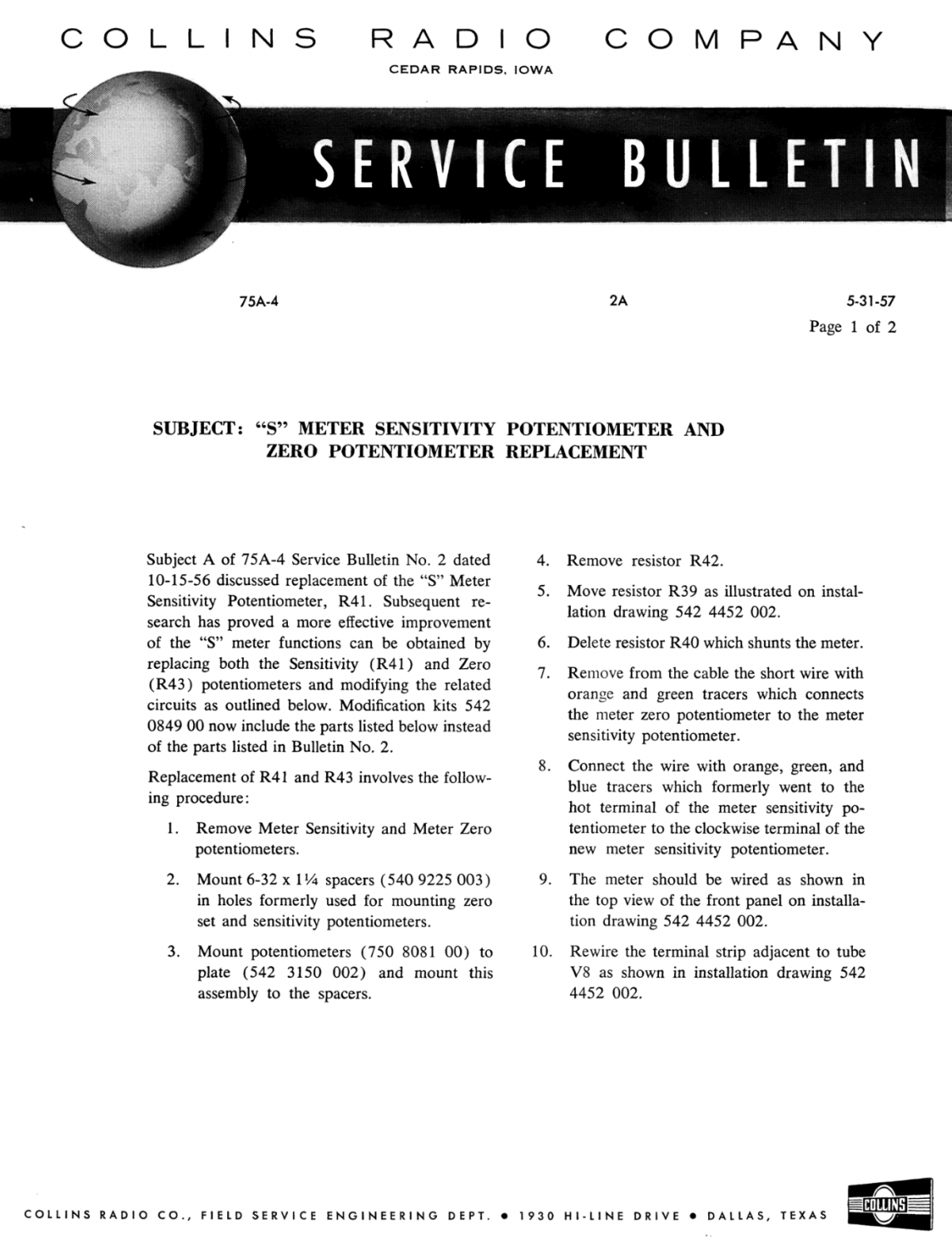Collins 75A-4 Amateur Band Receiver - Service Bulletin Number 2A - (1957-05)