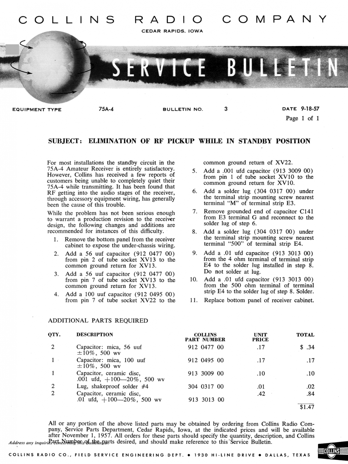 Collins 75A-4 Amateur Band Receiver - Service Bulletin Number 3 - (1957-09)