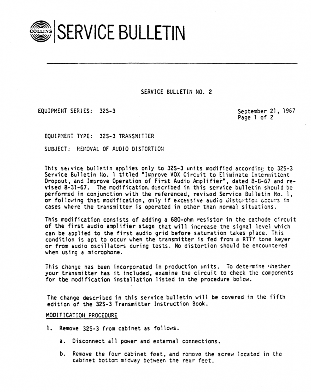 Collins 32S-3 S-Line Transmitter - Service Bulletin Number 2 - (1967-09)