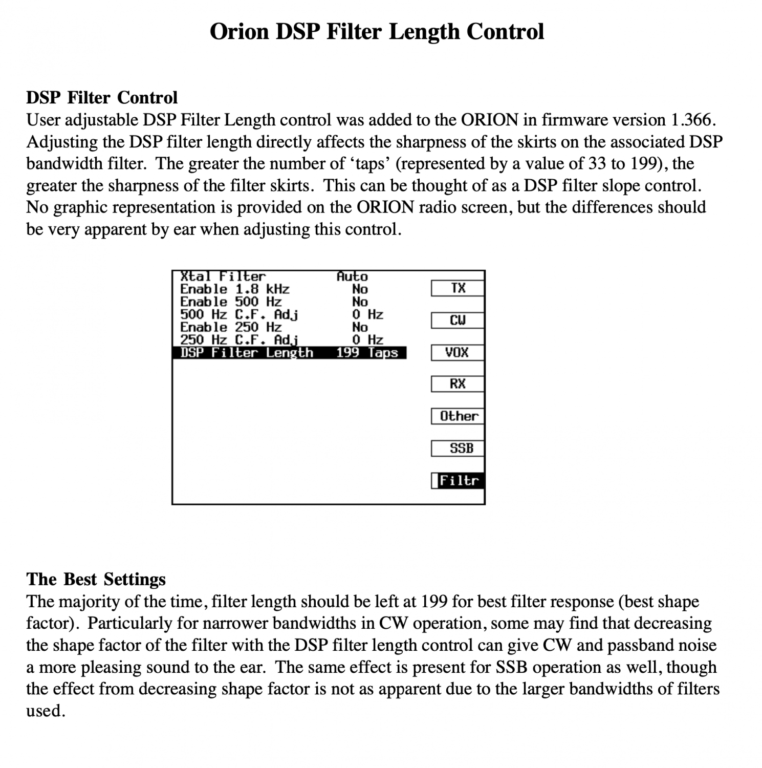 Ten-Tec - Orion I Model 565 - HF Transceiver - DSP Filter Length Adjustments